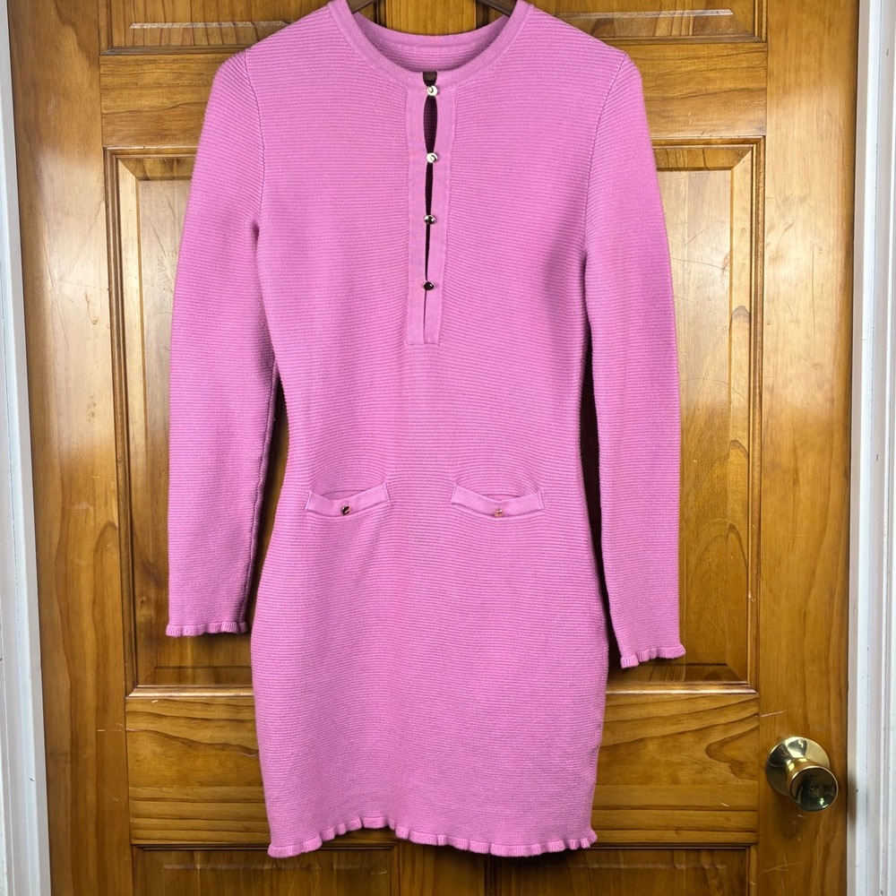 Pink Ribbed Knit Mini Dress Sm Barbiecore Gold Button Ruffle Hem Bodycon Girly